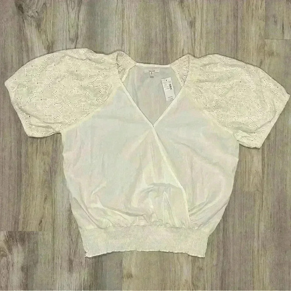 NWT Maurice’s Short Sleeve Eyelet Wrap Blouse Ivory Smocked Waist Cotton Size XL - Picture 1 of 9